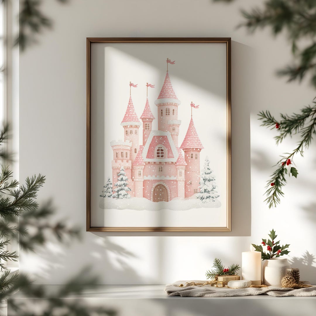 Fairytale Castle Wall Art | Pink Winter Print | Princess Holiday Decor ...