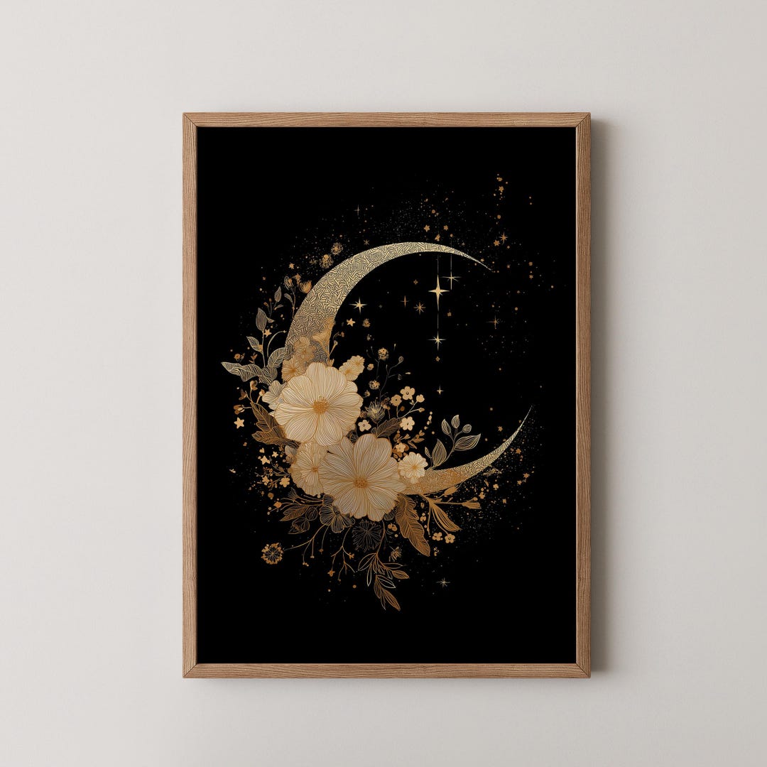 Gold Floral Moon Wall Art | Botanical Night Print | Golden Celestial ...