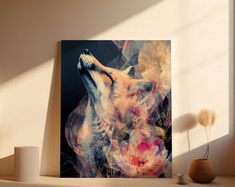 Mystische Wolf Spirit Wand Kunst | Ethereal Animal Portrait mit goldenen Blumen Poster