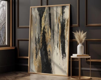 Luxe Black and Gold Abstract Decor | Modern Minimal Art | Neutral Beige Giclée Style Print
