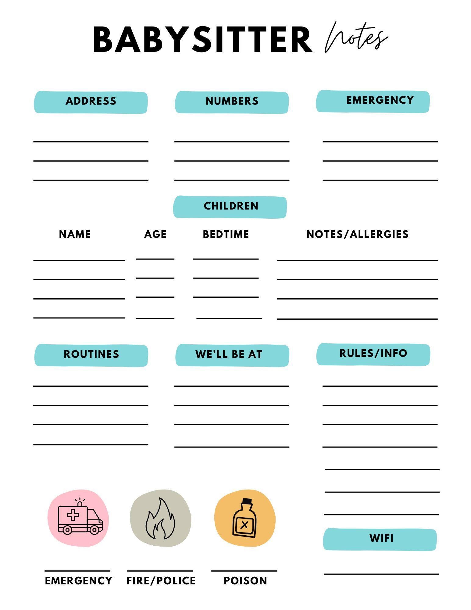 Babysitter Notes Template — Printable Child Care Sheet (instant Digital ...