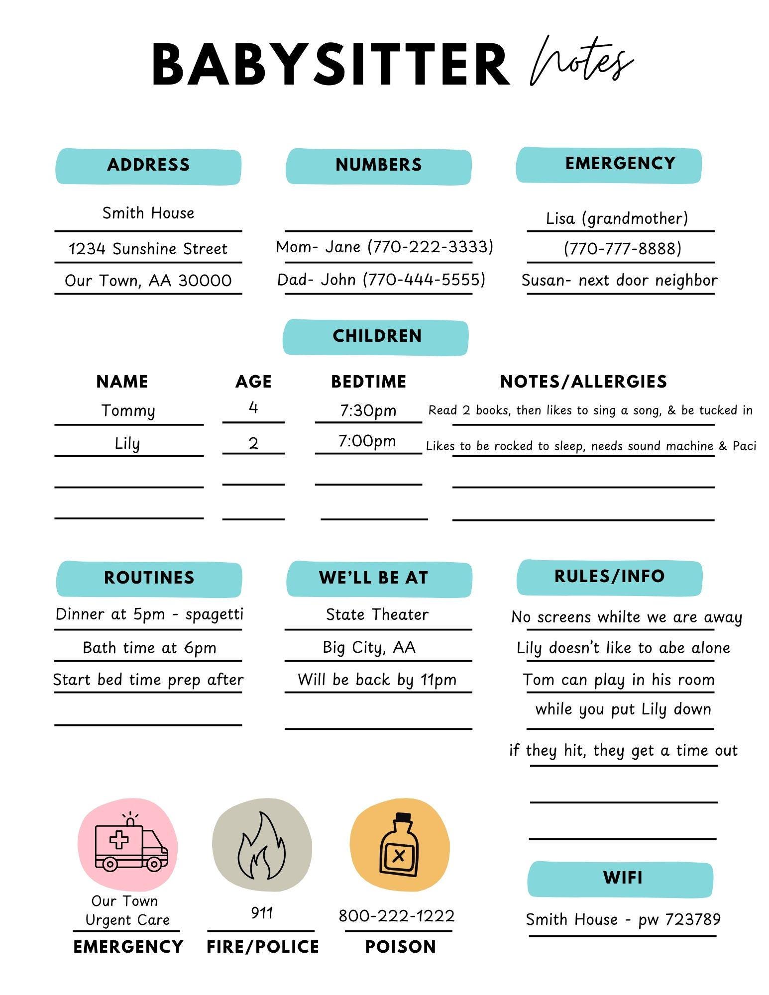 Babysitter Notes Template — Printable Child Care Sheet (instant Digital ...