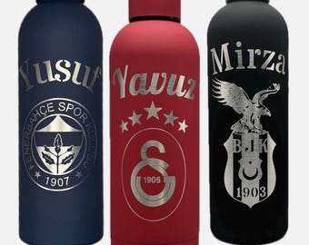 500ml Edelstahl Flasche - Doppelwandig & personalisiert - Fußball Logo Galatasaray, Fenerbahce, Besiktas - Lasergravur Name