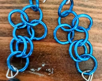 Dark Blue Chainmaille Earrings with Dark Smoky Quartz Beads