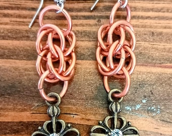 Chainmaile Peach Color Earrings with Key Charms
