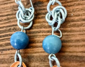 Chainmaile Earrings with Sodalite Beads and Tiny Orange Scales