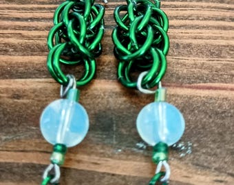 Bright Green Chainmaille Earrings with Opalite Beads and Tiny Green Scales