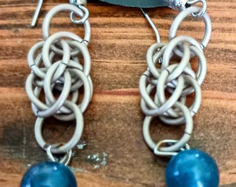 Frosty Chainmaille Earrings with Blue Jade Stone Beads
