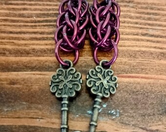 Chainmaile Earrings With Heart Key Charms