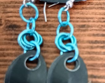 Sky Blue Chainmaille Earrings with Black Dragon Scales