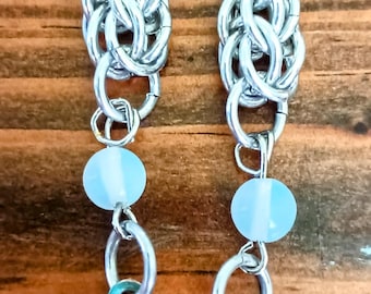 Long Chainmaile Earrings With Opalite Beads and Acrylic Feather Charms