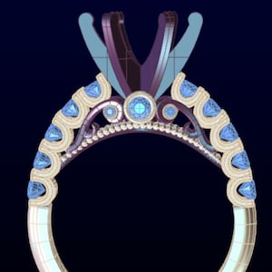 May include: A detailed rendering of a ring with a complex design. The ring features a central setting and is adorned with numerous blue gemstones. The metalwork is a light color, and the overall design is intricate and elegant.