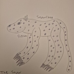 May include: A pencil drawing of a spotted leopard on white paper. The leopard has the name Snowflake written above its back and Sierra written near its front leg. The text The Snow Leopard is written at the bottom left, with Galaxy S24 FE below.