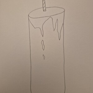 May include: A simple line drawing of a cylindrical candle with a single wick centered on top. The wax appears to be melting down the sides in irregular drips, and there are two small teardrop-shaped wax droplets below the main drip line. Galaxy S24 FE.