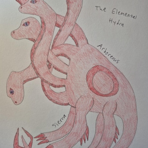 May include: A colored pencil drawing of a multi-headed creature with a red body, four long necks, and clawed feet. The text "The Elemental Hydra", "Arboreous", and "Sierra" are written on the page. The bottom left corner displays "Galaxy S24 FE".
