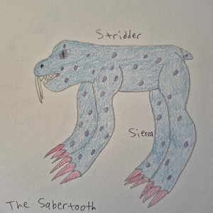 May include: A colored pencil drawing of a blue creature with purple spots, pink claws, and long white fangs. The text "Stridder" is written above the creature, "Sierra" is written near the back legs, and "The Sabertooth" is written at the bottom.