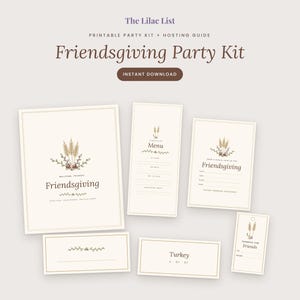 Può includere: Un kit per feste stampabile per il Friendsgiving composto da cancelleria color crema con illustrazioni di grano e fiori. Il set include un cartello di benvenuto, menu, invito, segnaposto, etichetta per cibo e cartellino regalo.
