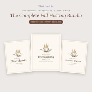 Può includere: Tre cartoncini rettangolari color bianco sporco con illustrazioni di grano e bacche. Il testo recita: The Lilac List, Thanksgiving, Friendsgiving, Harvest Dinner, The Complete Fall Hosting Bundle, 3 Editions in 1 - Instant Download, Give Thanks e Friendsgiving.