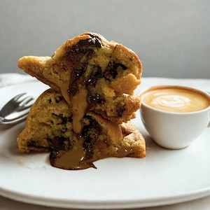 May include: A stack of two large chocolate chip cookies, cut open to reveal a gooey center, sits on a white plate. A small white cup of coffee with a foamy top is next to the cookies. A silver fork is on the left.