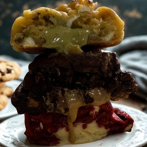 May include: A tower of three gourmet cookies on a white plate. The top cookie is golden with a green filling, the middle is dark chocolate, and the bottom is red velvet with a creamy filling. Chocolate chip cookies are in the background.
