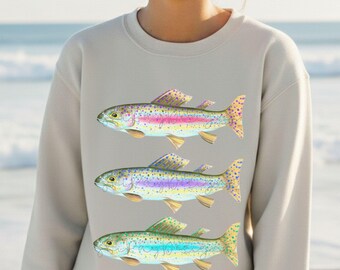 Camiseta o suéter con estampado de trucha arcoíris. Camiseta de pesca colorida para mujer, ropa de pesca femenina, ropa vibrante para actividades al aire libre.