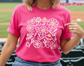 Camiseta con ilustración de margarita blanca / Camiseta amarilla con estampado floral y flores dibujadas a mano.