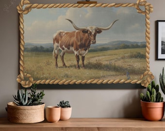 Diseño imprimible de toro Longhorn de Texas, arte mural del oeste, impresión de rancho vintage, arte de vaquero del suroeste, gráfico de ganado rústico