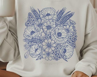 Wild Flower PNG |  Linocut style stamped artwork Elegant floral wall art printable. Romantic cottagecore (Digital Download) 5 color options.