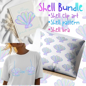 May include: A collection of shell-themed items: a journal, a cushion, and a t-shirt. The journal displays a seashell illustration and the text "Belleys Beach Journal." The cushion has a repeating seashell pattern. The t-shirt features a seashell design with the text "Ann's Bach Destin FL."
