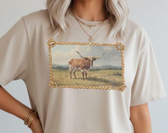 Camiseta con escena de rancho de ganado Longhorn / Marco de cuerda de vaquero vintage