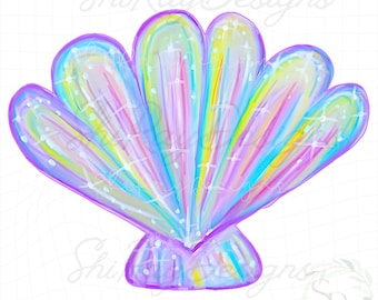 Imagen PNG de una concha marina / Almeja iridiscente arcoíris / Dibujo digital original. (Descarga digital)