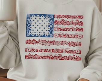 Bandera floral de Estados Unidos PNG, diseño patriótico estilo linograbado, arte femenino estampado del 4 de julio, descarga digital instantánea imprimible de estilo americano femenino