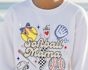 Sudadera Softball Mama / Gráficos de softbol, guante, pelota, bate