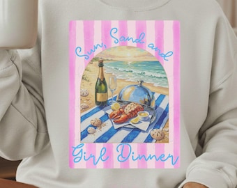 Ilustración PNG de una chica costera con estilo preppy cenando, langosta y champán en la playa (descarga digital)