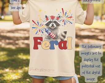 Cute Raccoon 4th of July PNG, Feminine Patriotic Shirt Design, Feral Girl Aesthetic, Flower Crown Animal, Fireworks Sublimation File.