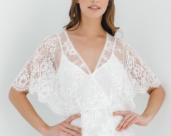 Anita Midi Túnica de encaje, Mangas Flutter Kimono, Marfil, Estilo R144; Túnica nupcial de encaje blanco puro; Regalo de lencería de despedida de soltera femenina y elegante