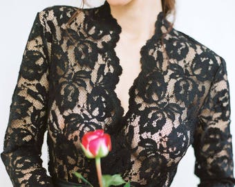 Lauren Stretch French Lace Robe in Black; Long Sleeve, Elegant Sheer Lace Boudoir Robe; Bridal Floral Lace Coat; Formal Dress Cover Up