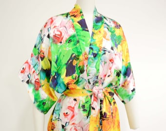 Seda Edición Limitada Jardín de Verano Impresión Novia Bata Kimono verde oro amarillo rosa rosa