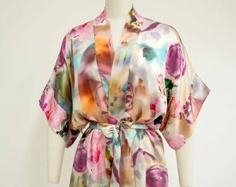 Samantha Silk Limited Edition Summer Print Bride Robe Kimono pink purple grey orange