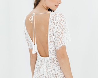 Sunshine Open Back Lace Robe with Tassels, Off White; Plunge Back, Feminine, Elegant Bridal Nightgown; Soft Cotton Lace Honeymoon Dress