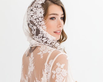 Stella Hooded French Lace Boudoir Robe in Ivory; Long Sleeve, Sheer Lace Wedding Cover Up; Fine Bridal Lingerie; Soft, Delicate Floral Lace