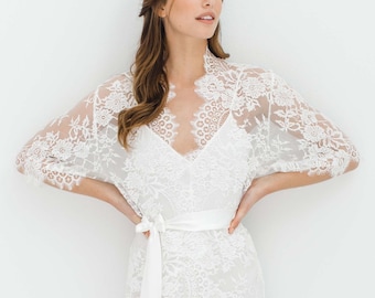 Swan Queen Bridal French lace robe in Ivory - Style 102SH; Sheer floral white lace robe; Wedding day getting-ready robe