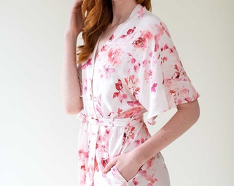 Botanical Love Flounce Robe in Pink Floral; Soft Rayon Bridesmaids Robes; Feminine Garden Print Dressing Gown with Ruffle Hem and Sleeves