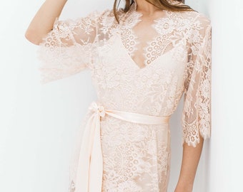 Swan Queen French Lace Robe in Blush Pink, Style 102SH; Sheer Bridal Dressing Gown; Elegant, Feminine Honeymoon Lingerie, Bride Shower Gift
