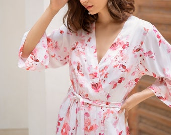 Botanical Love Bridesmaids Robes, Pink Floral; Soft, Pre-Shrunk Rayon Feminine Dressing Gown, with Pockets; Bridal Shower, Bridal Party Gift