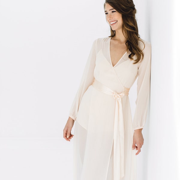 Nina Silk Chiffon Wrap Robe in Blush Pink or Ivory; Ankle Length, Long Sleeve, Flowing Sheer Gown; Glamorous, Floor Length Honeymoon Robe