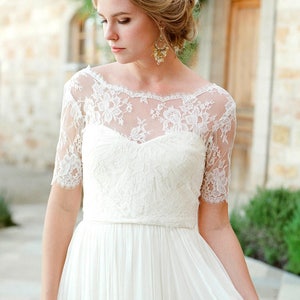 Tali French Lace Wedding Topper in Ivory; Boat Neck, V Back Buttons Bridal Bolero; Sheer, Half Sleeve Bridal Shrug Cover Up, Delicate Lace