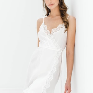 Lille Silk & Lace Wrap Slip in Ivory; White Lace Trimmed Knee Length Slip, Tie Waist, Adjustable Strap; Vintage Inspired Glamorous Slip Gown