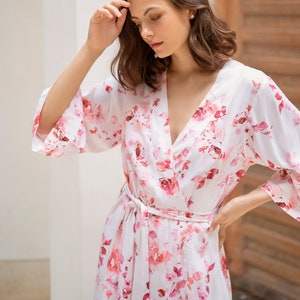 Botanical Love Bridesmaids Robes, Pink Floral Soft, Pre-Shrunk Rayon Feminine Dressing Gown, with Pockets Bridal Shower, Bridal Party Gift image 1