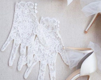 Catherine Couture French Lace Sheer Bridal Gloves; Vintage Inspired Formal Gloves; Elegant Scalloped Wrist with Silk Covered Buttons